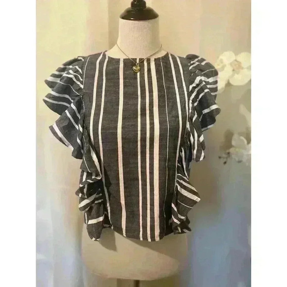 Dip Tops - Gray Striped Ruffle Blouse